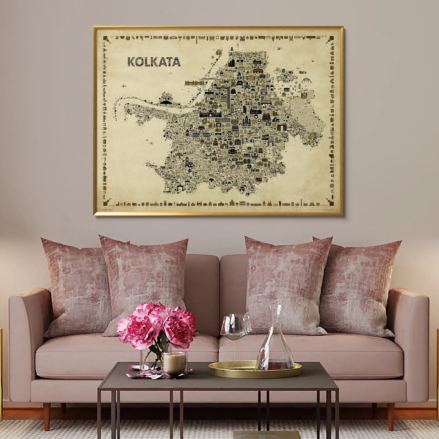 Living room with a map of Kolkata on the wall above a sofa.