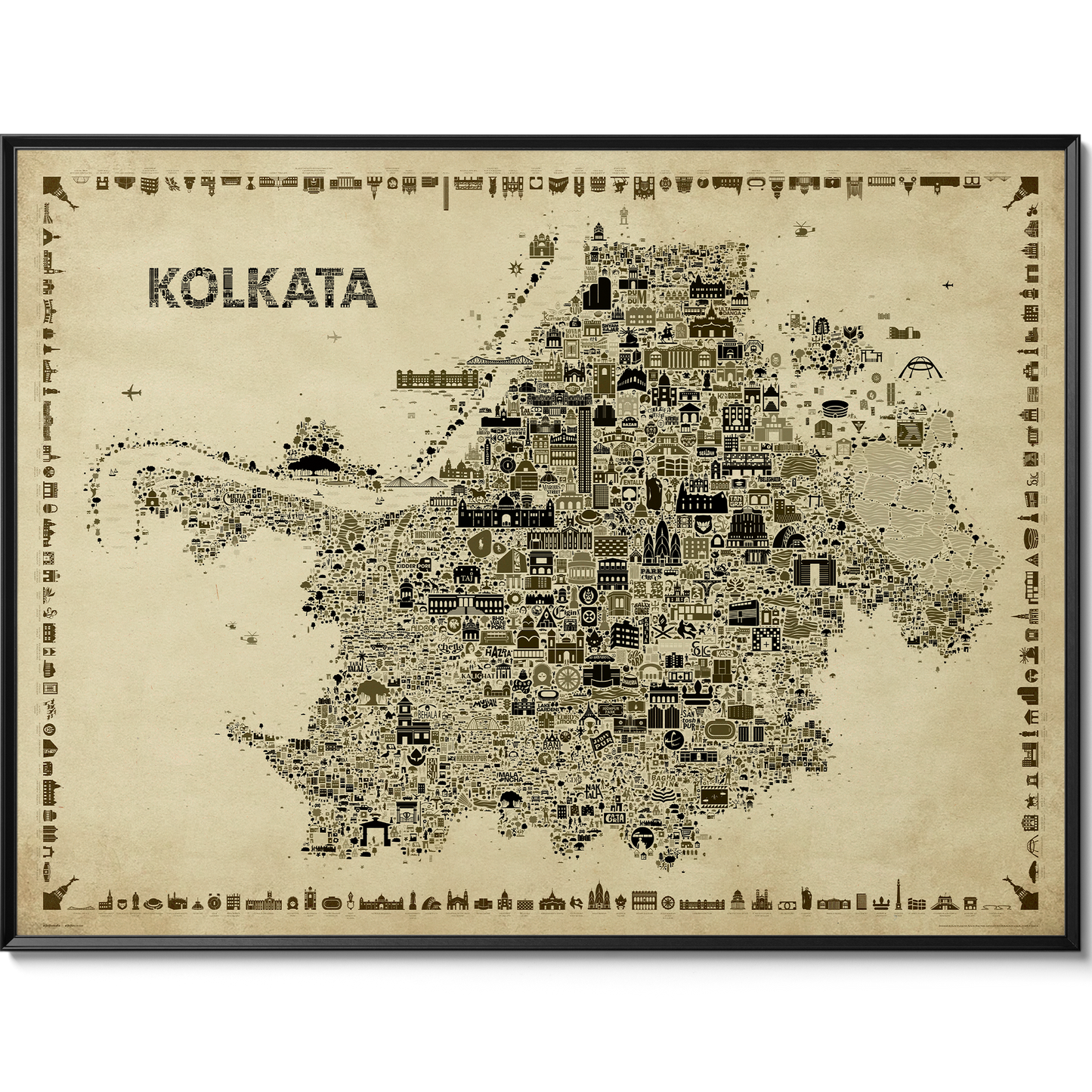 Map of Kolkata with various icons on a beige background