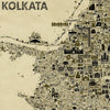Map of Kolkata with various icons and symbols on a beige background