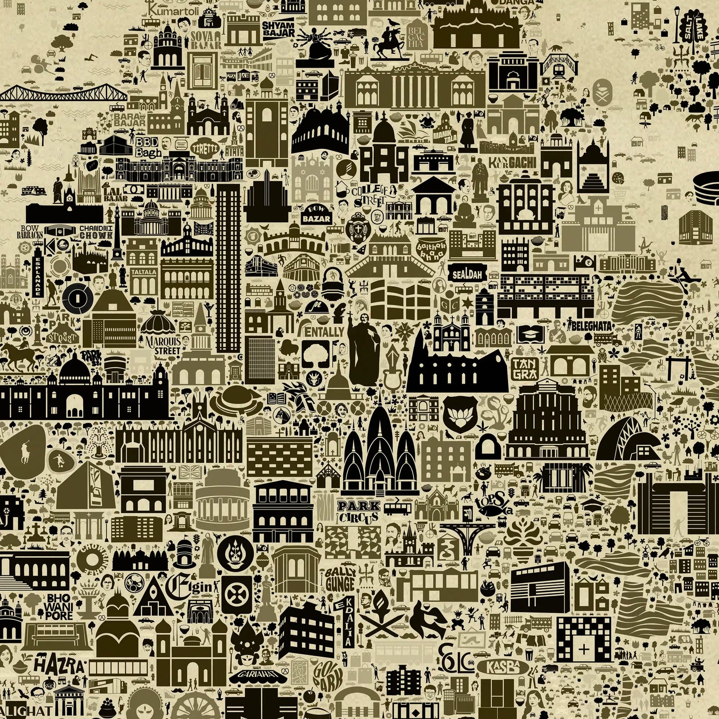 Iconic KOLKATA antique edition illustrated map poster showing hundreds of landmarks and neighborhoods in vintage sepia and black tones