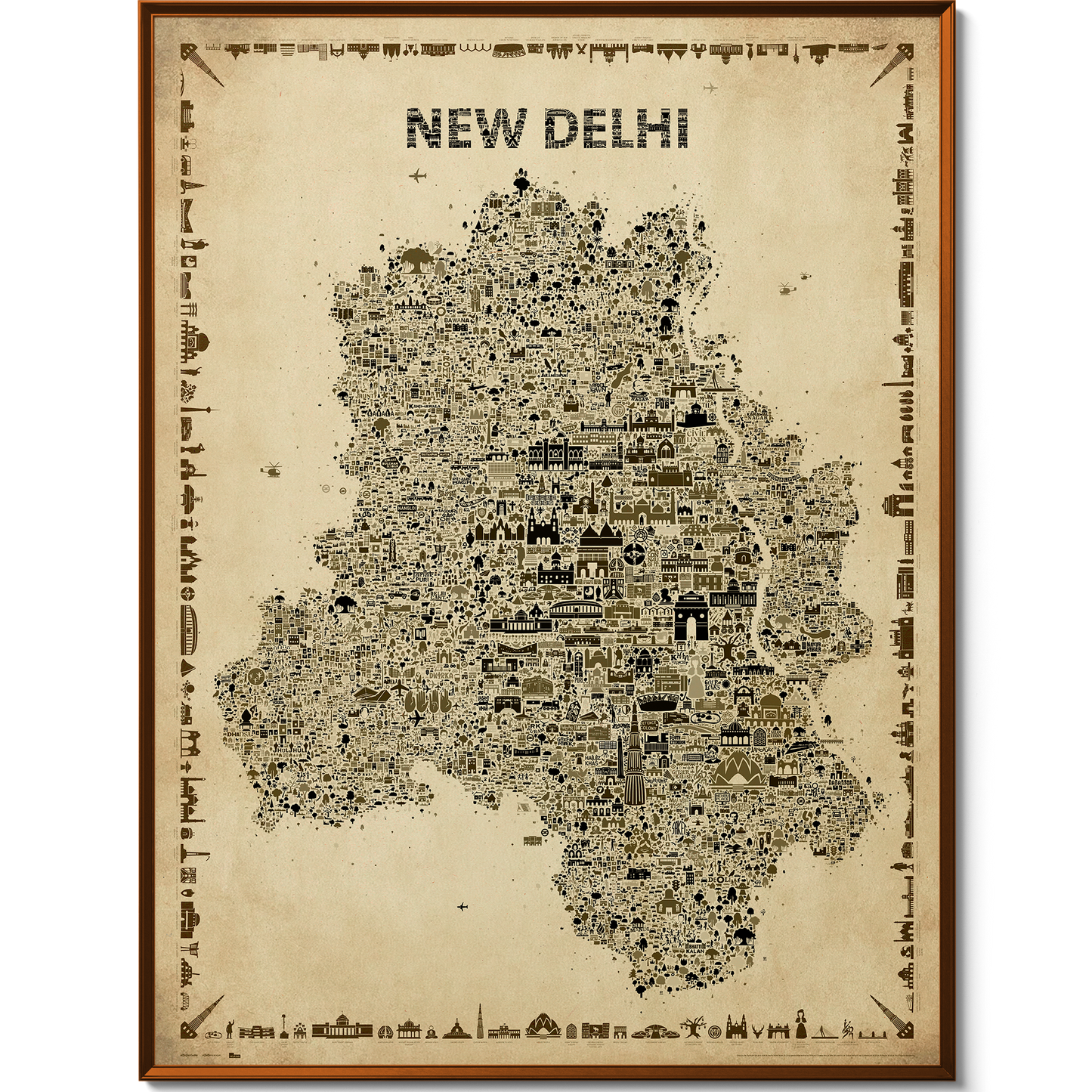 Antique vintage-style illustrated map of New Delhi featuring architectural landmarks and cultural icons on a sepia beige background — elegant wall art print by Alfalfa New York.