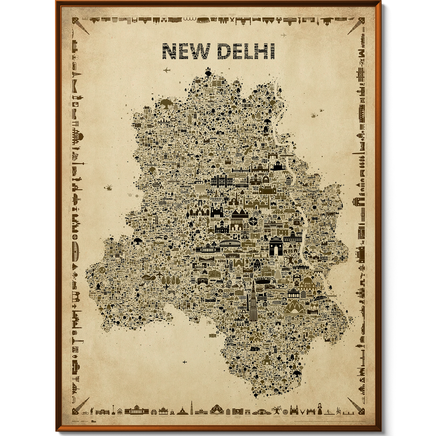 Antique vintage-style illustrated map of New Delhi featuring architectural landmarks and cultural icons on a sepia beige background — elegant wall art print by Alfalfa New York.
