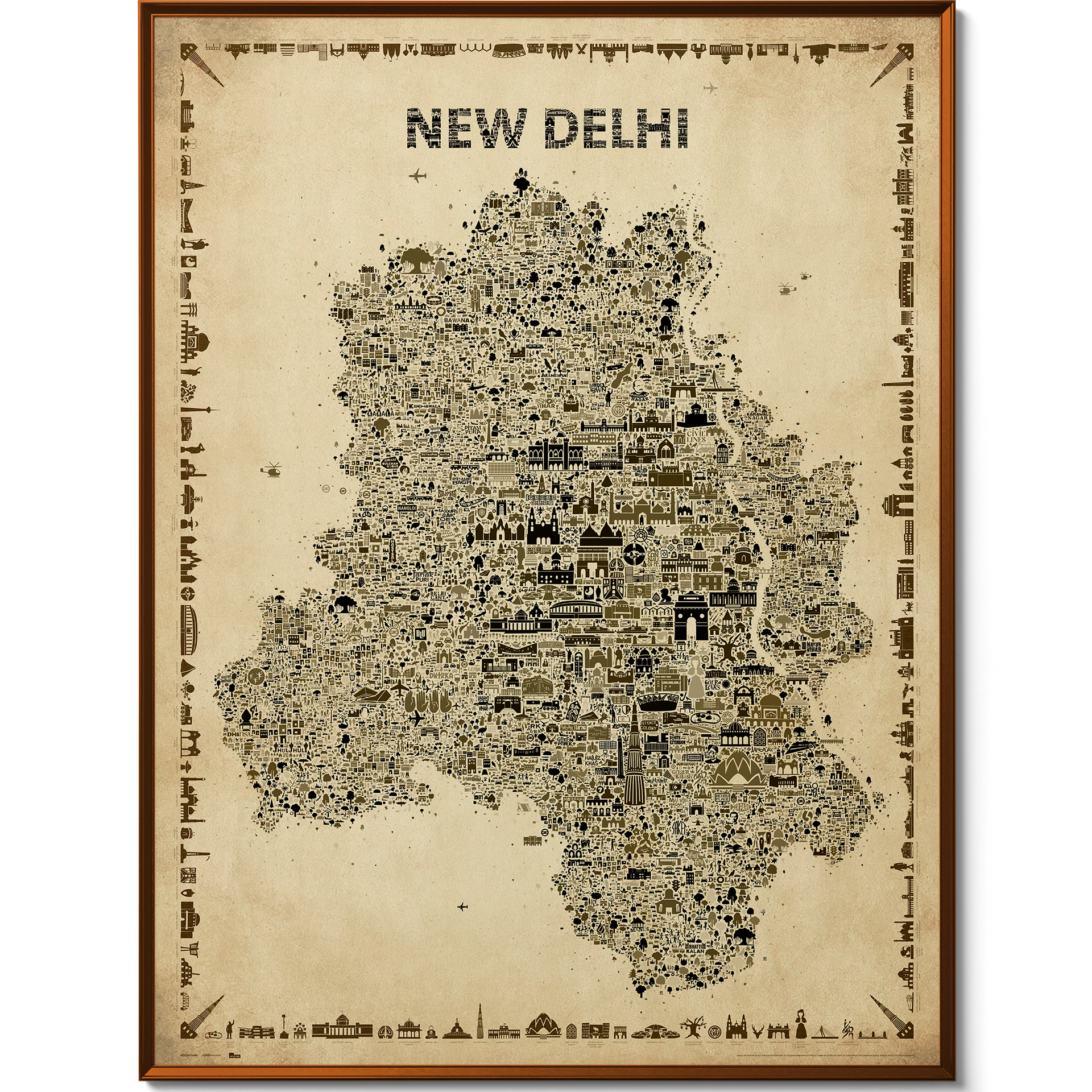 Antique vintage-style illustrated map of New Delhi featuring architectural landmarks and cultural icons on a sepia beige background — elegant wall art print by Alfalfa New York.