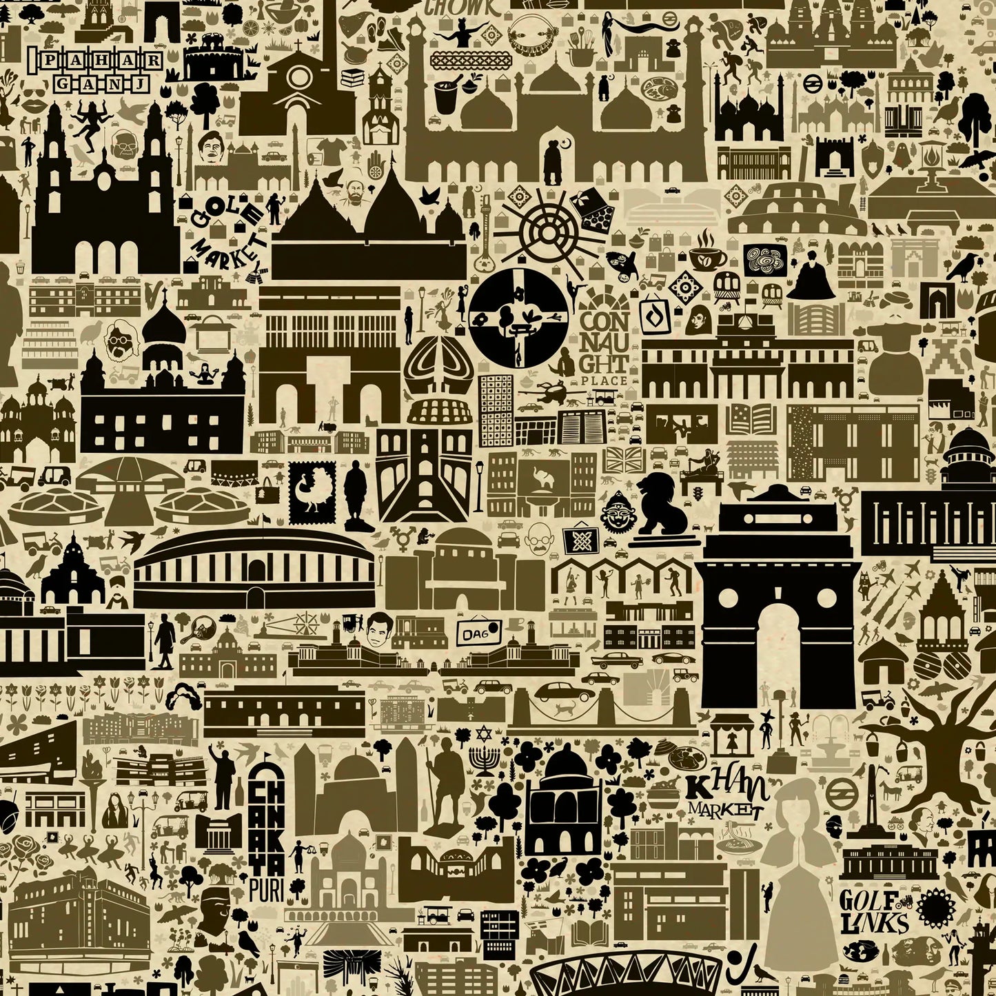 Detailed close-up of antique New Delhi map art print showing iconic landmarks like India Gate and Connaught Place — vintage sepia architectural illustration by Alfalfa New York.