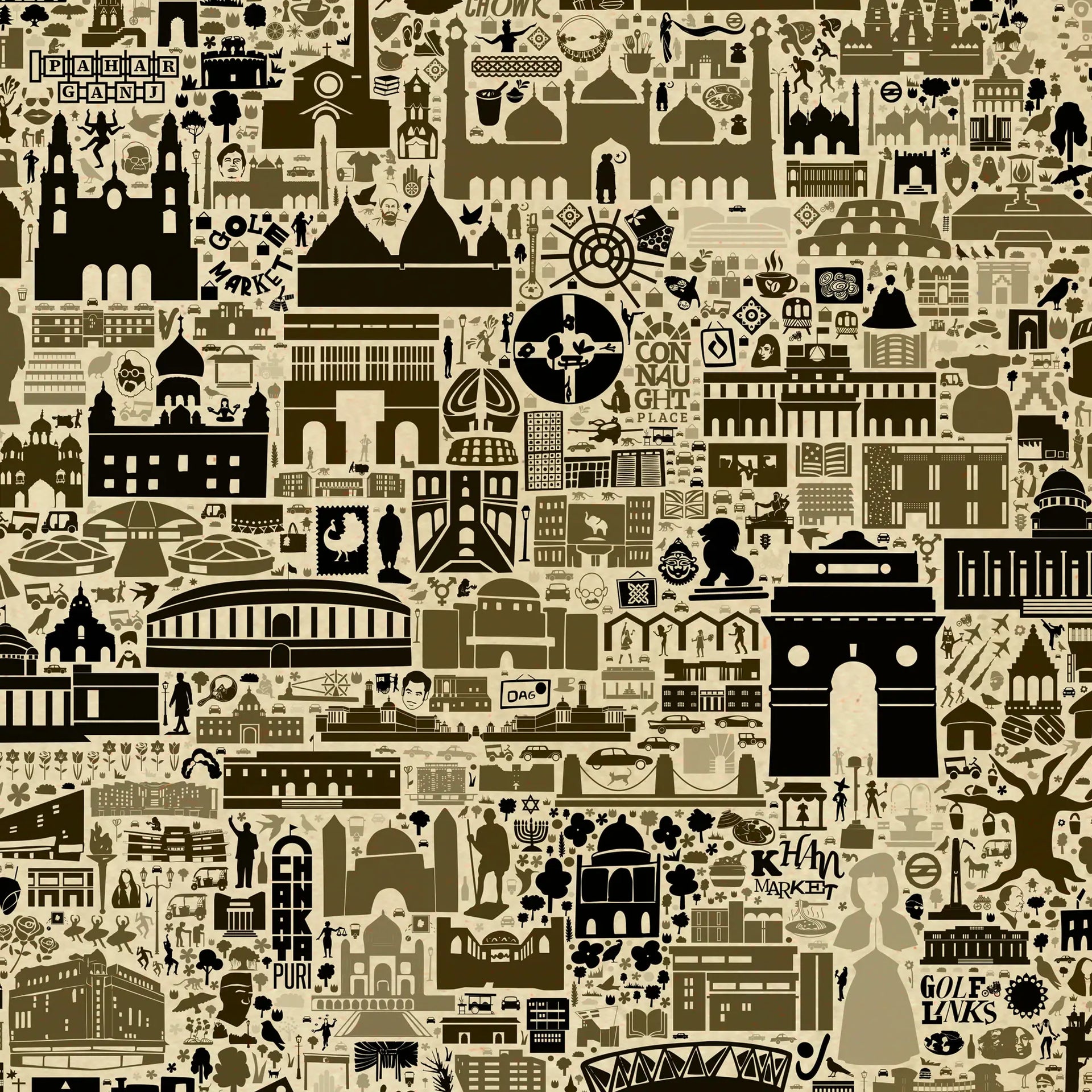 Detailed close-up of antique New Delhi map art print showing iconic landmarks like India Gate and Connaught Place — vintage sepia architectural illustration by Alfalfa New York.