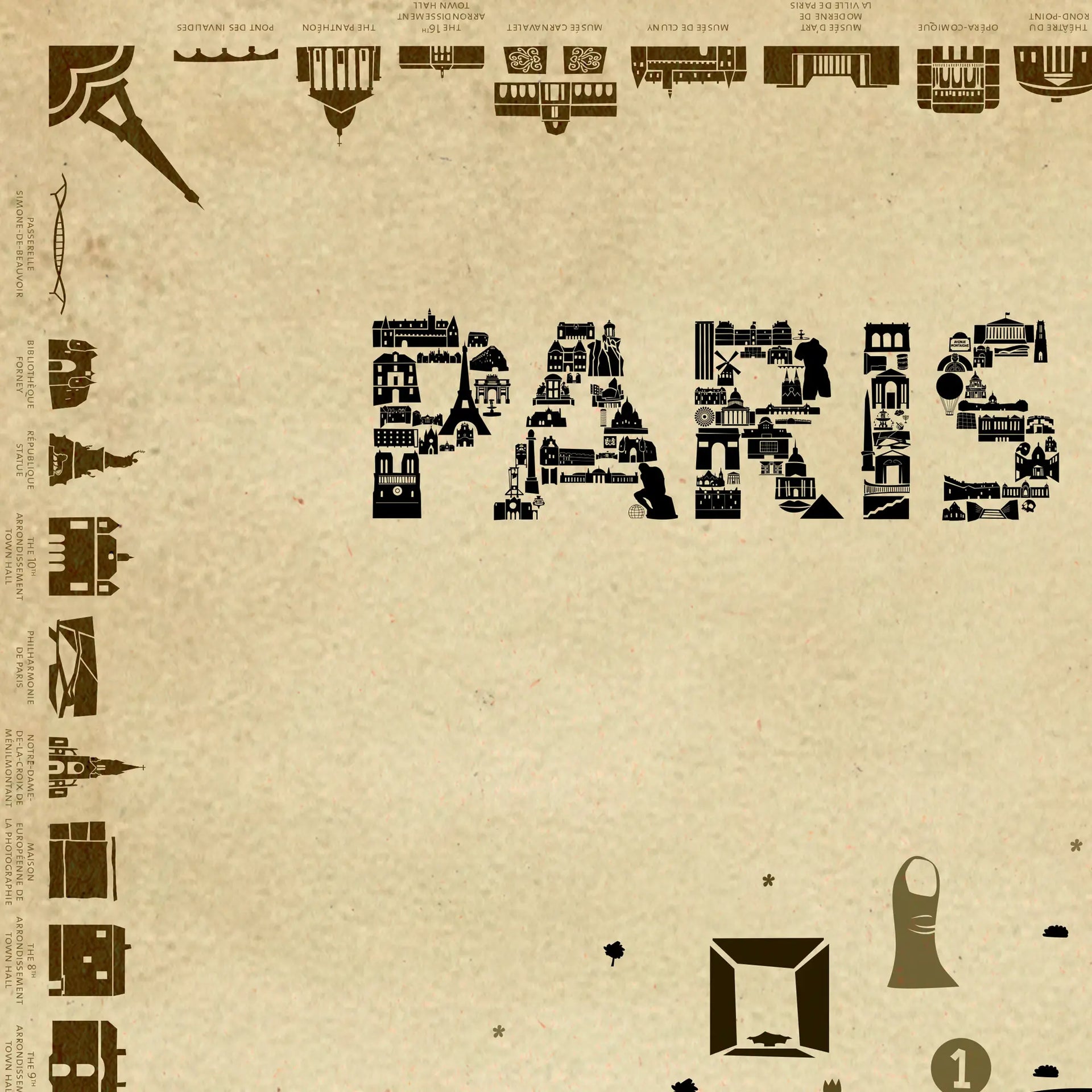 Poster with 'Paris is' text made from cut-out city elements on a beige background
