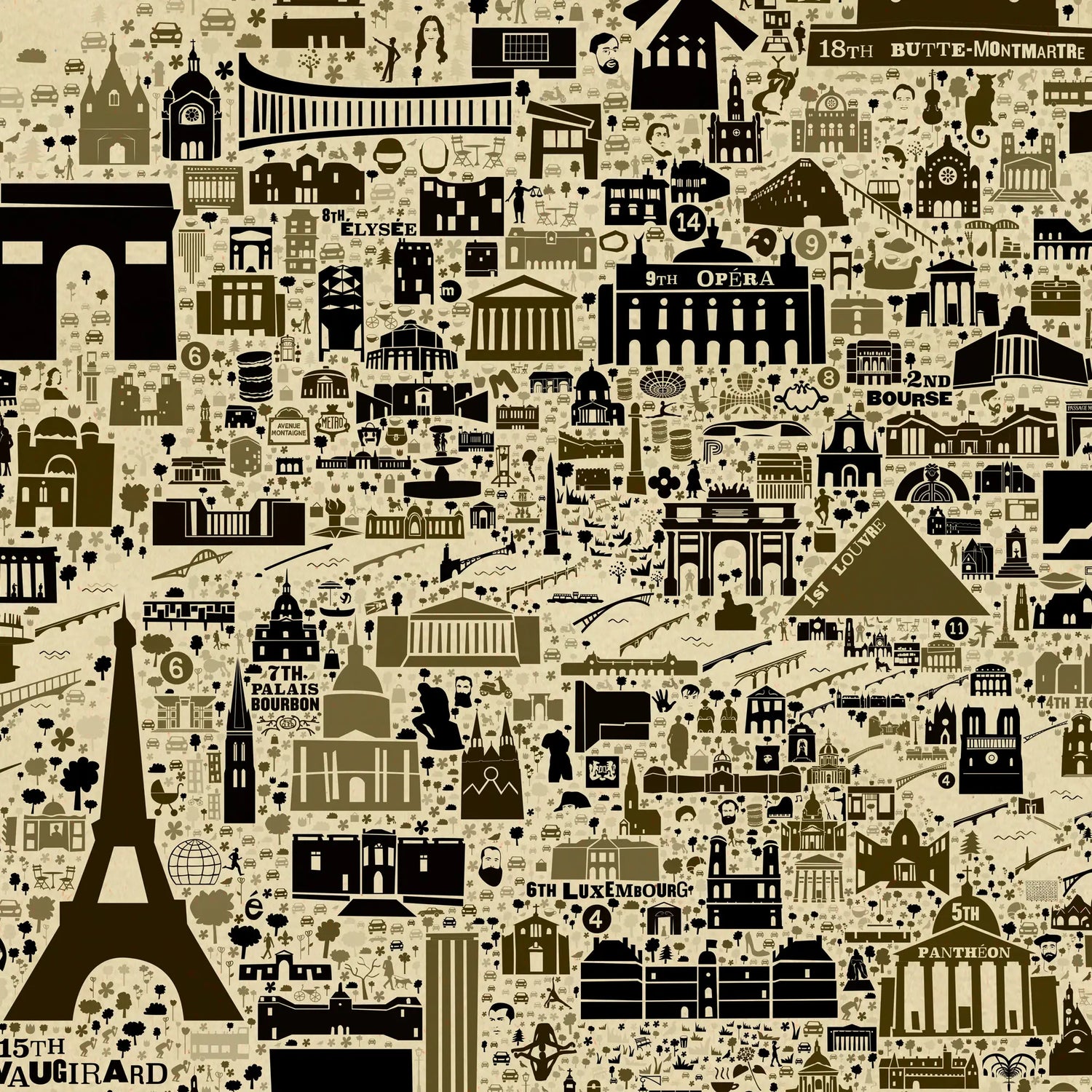 Pattern of Parisian landmarks and icons on a beige background