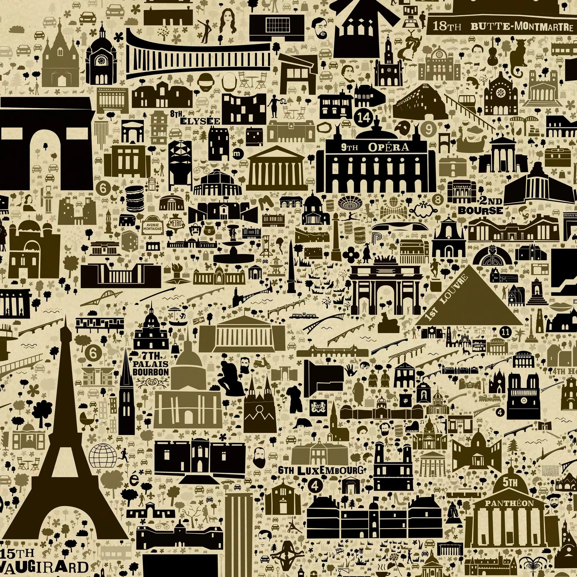 Pattern of Parisian landmarks and icons on a beige background