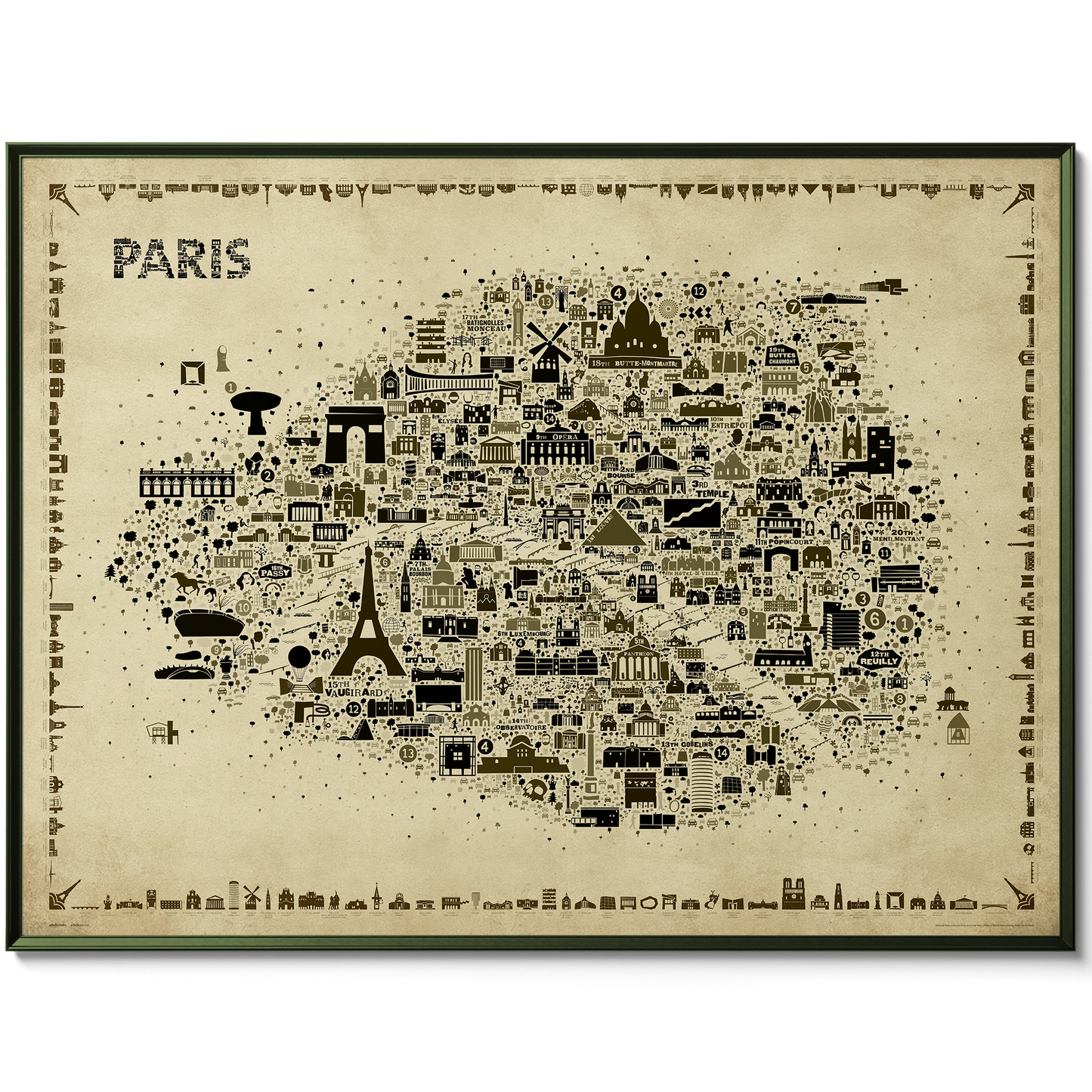 Map of Paris with various landmarks on a beige background
