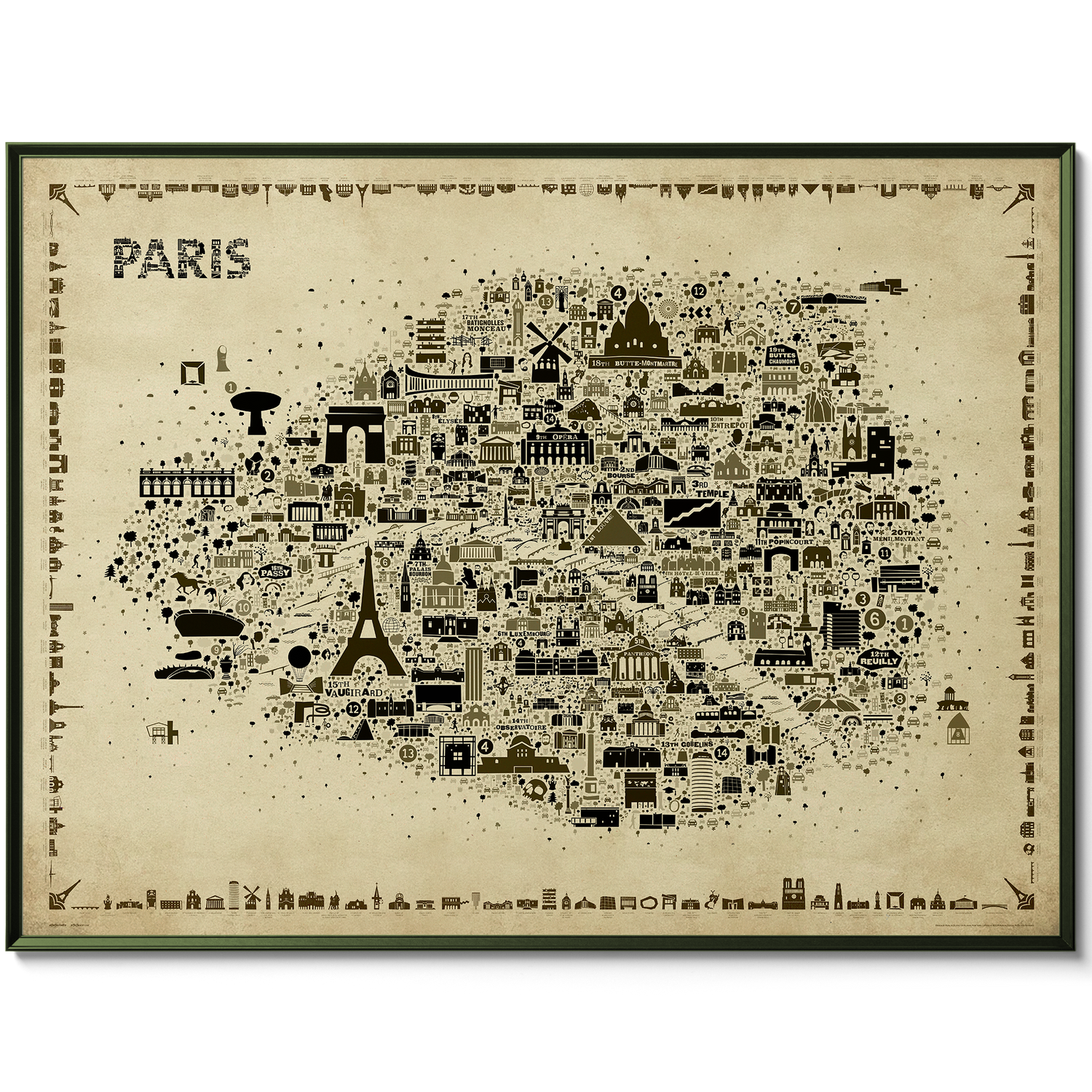 Map of Paris with various landmarks on a beige background