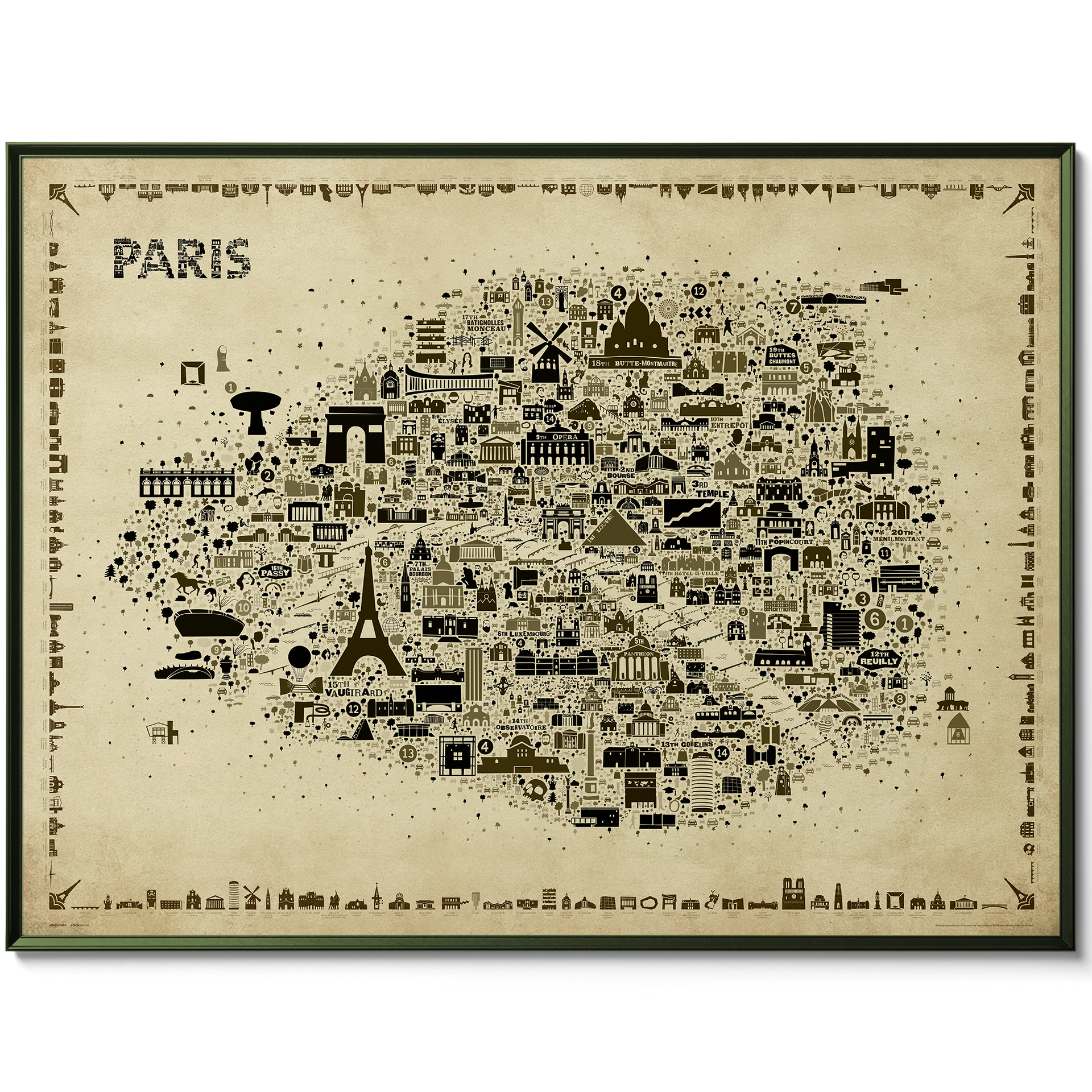 Map of Paris with various landmarks on a beige background