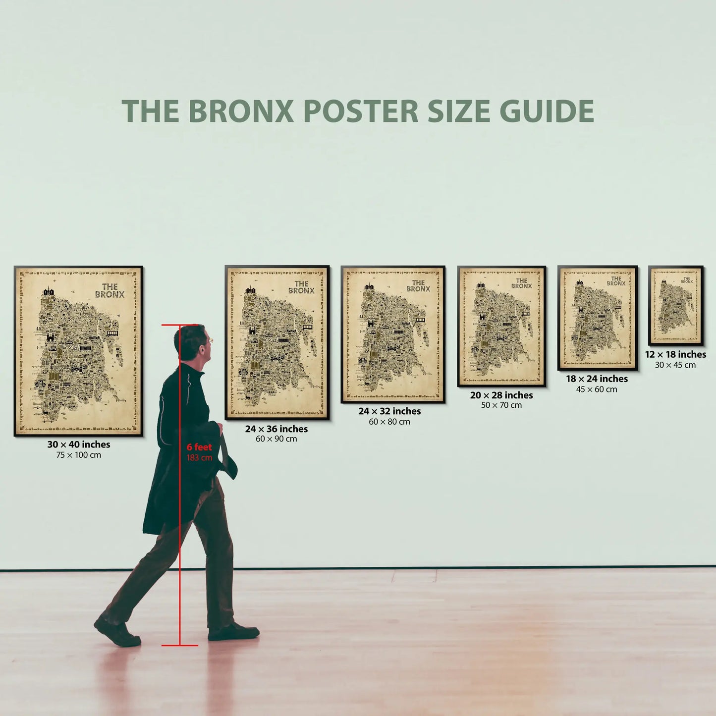 Poster size guide with a person for scale on a light gray background