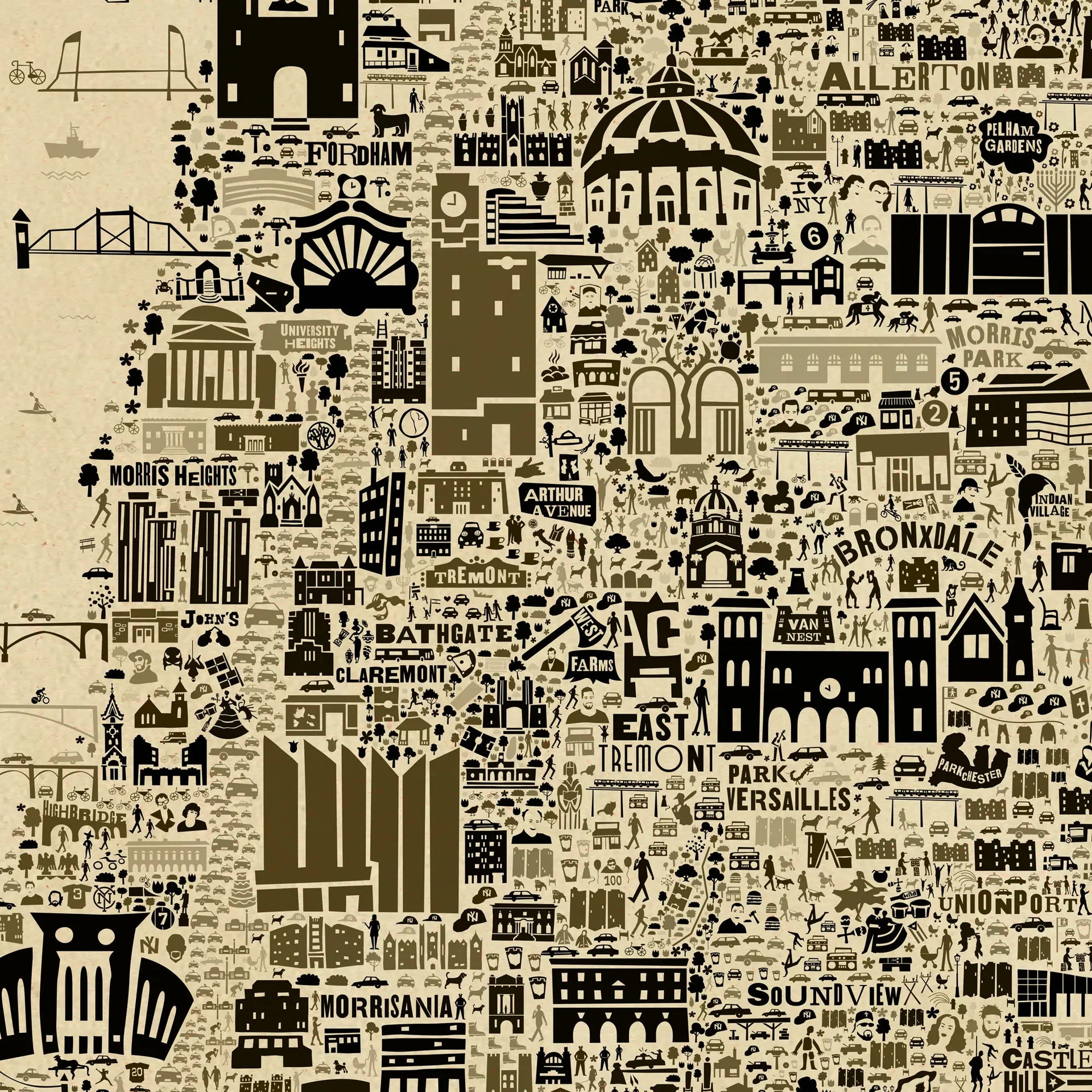 Pattern of black and white architectural and urban elements on a beige background