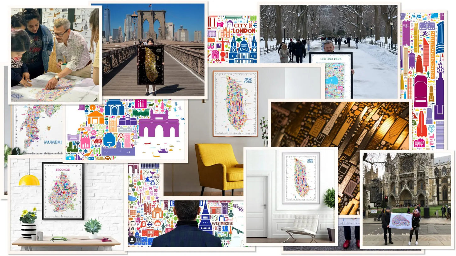 Collage showcasing colorful illustrated city map posters of New York, London, Mumbai, Brooklyn and other cities displayed in homes, offices and outdoor locations with customers