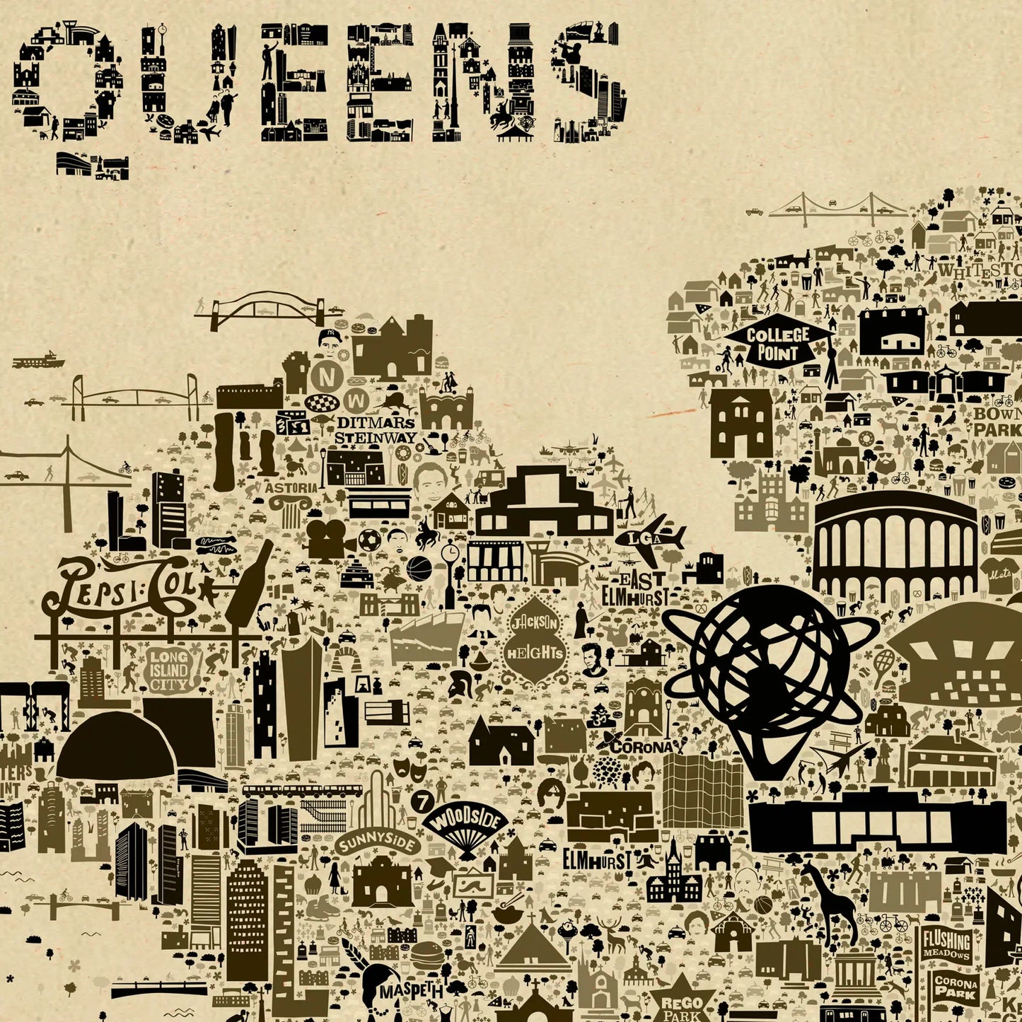 Iconic Queens antique edition illustrated map poster with hundreds of detailed landmarks including Unisphere, Pepsi Cola sign, Astoria, College Point and Flushing in vintage sepia tones