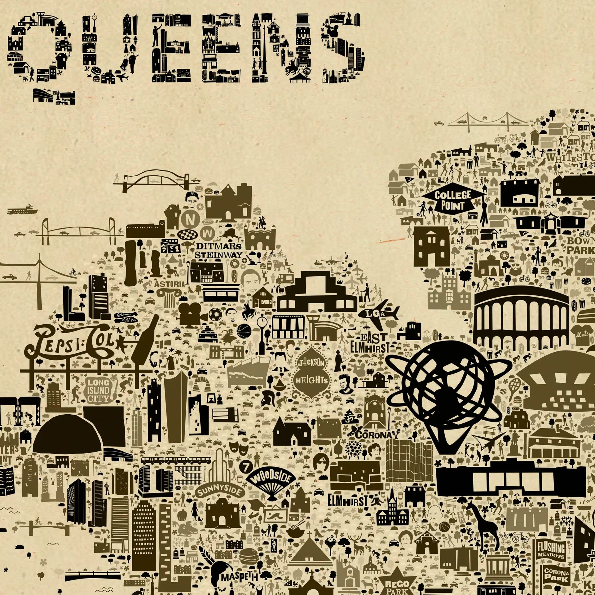 Iconic Queens antique edition illustrated map poster with hundreds of detailed landmarks including Unisphere, Pepsi Cola sign, Astoria, College Point and Flushing in vintage sepia tones