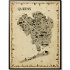 Iconic Queens antique edition illustrated map poster showing detailed landmarks and neighborhoods of Queens New York in vintage sepia style