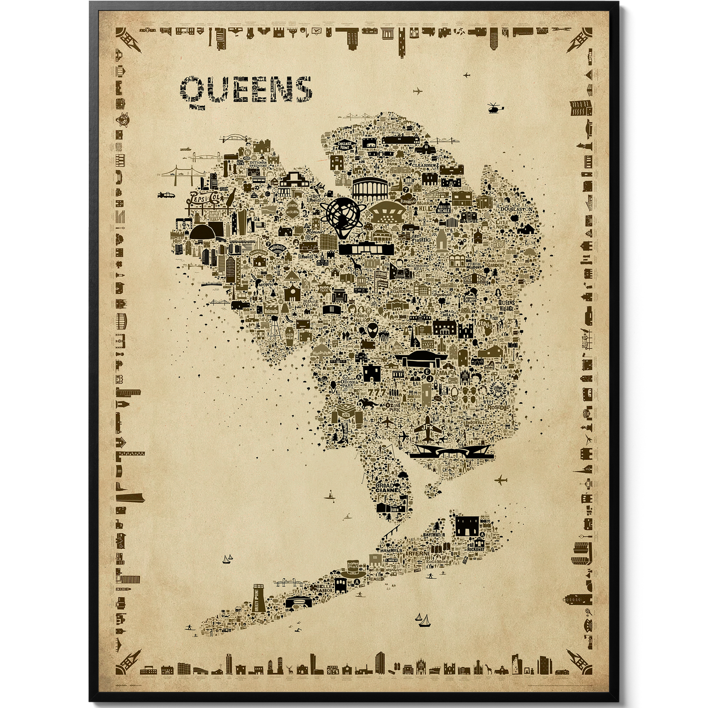 Iconic Queens antique edition illustrated map poster showing detailed landmarks and neighborhoods of Queens New York in vintage sepia style