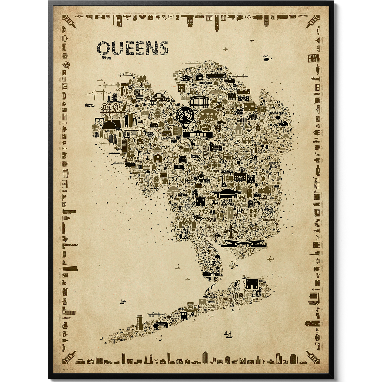 Iconic Queens antique edition illustrated map poster showing detailed landmarks and neighborhoods of Queens New York in vintage sepia style