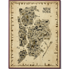 Iconic New York antique edition illustrated map poster showing all five boroughs with hundreds of landmarks in vintage sepia style with decorative border