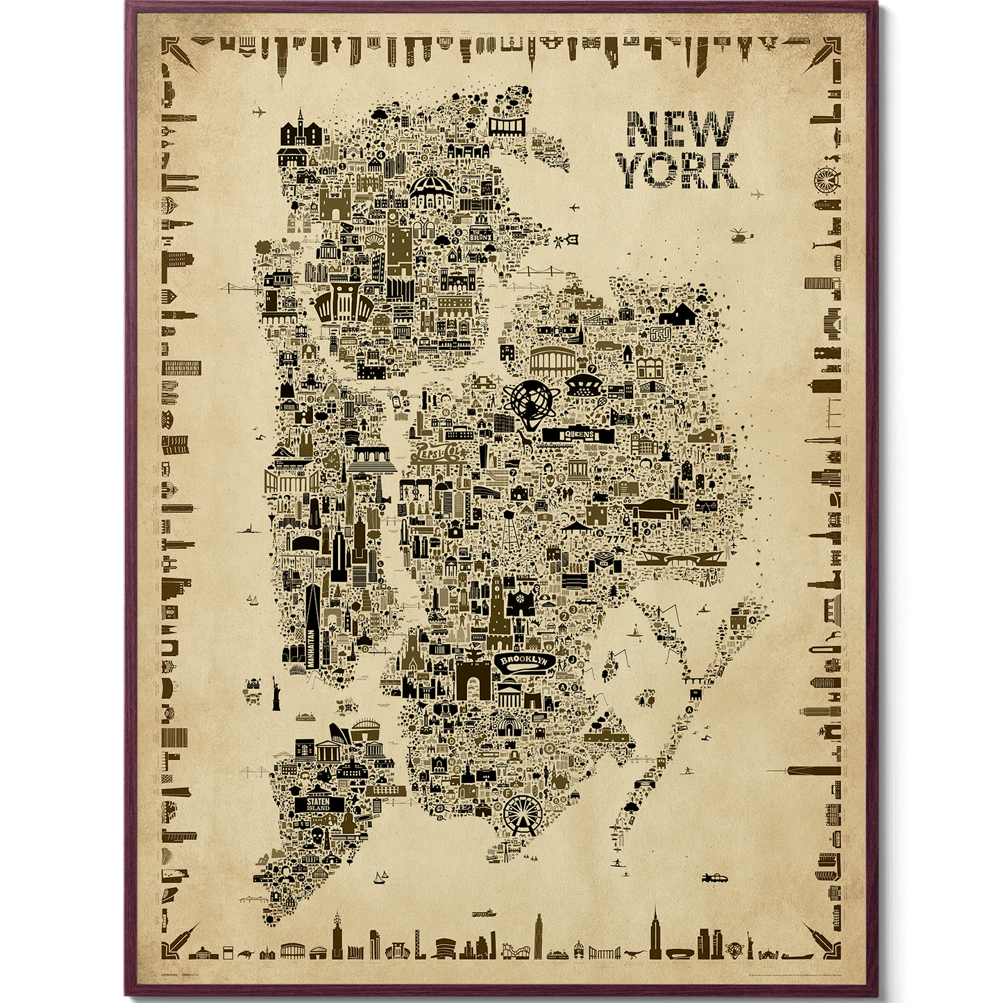 Iconic New York antique edition illustrated map poster showing all five boroughs with hundreds of landmarks in vintage sepia style with decorative border