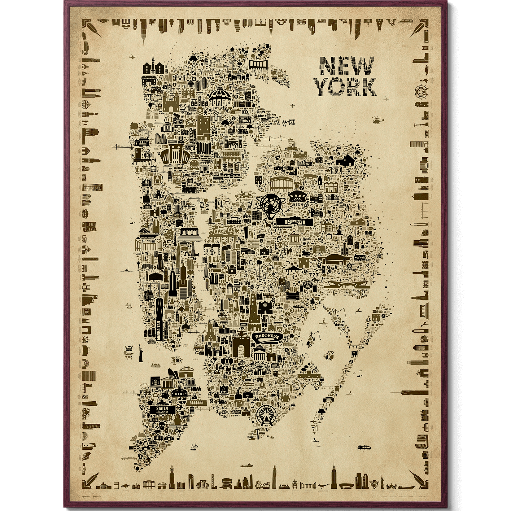 Iconic New York antique edition illustrated map poster showing all five boroughs with hundreds of landmarks in vintage sepia style with decorative border