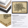 Bengaluru Antique map poster with black, natural and white wood frame options, paper detail and framing specifications.
