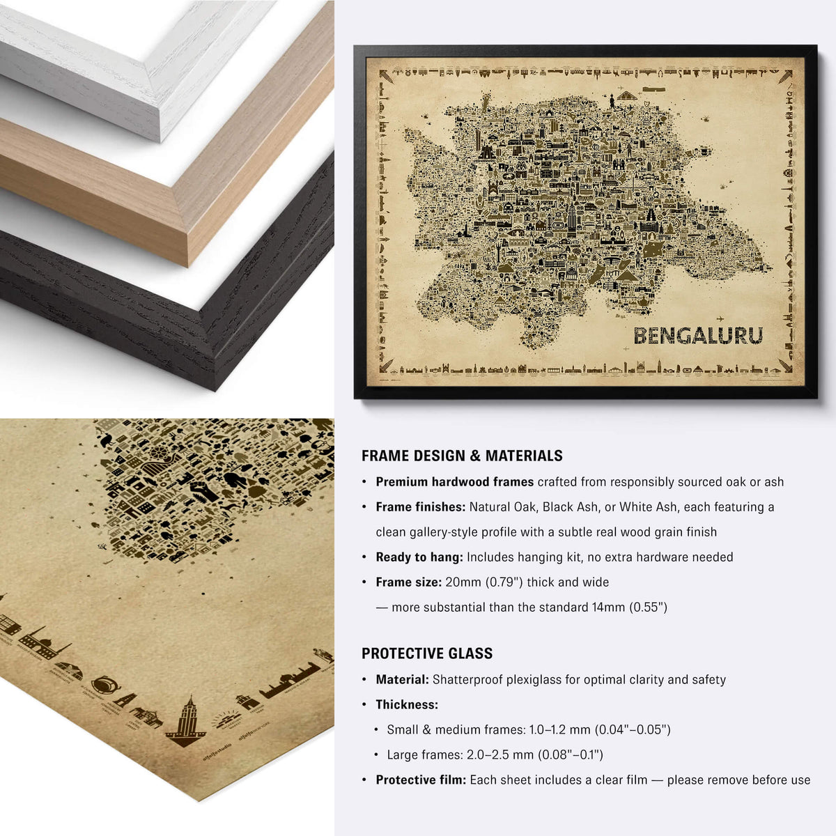 Bengaluru Antique map poster with black, natural and white wood frame options, paper detail and framing specifications.