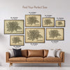 Bengaluru Antique map poster size guide showing seven framed print sizes from 12 x 18 to 30 x 40 inches above a leather sofa.