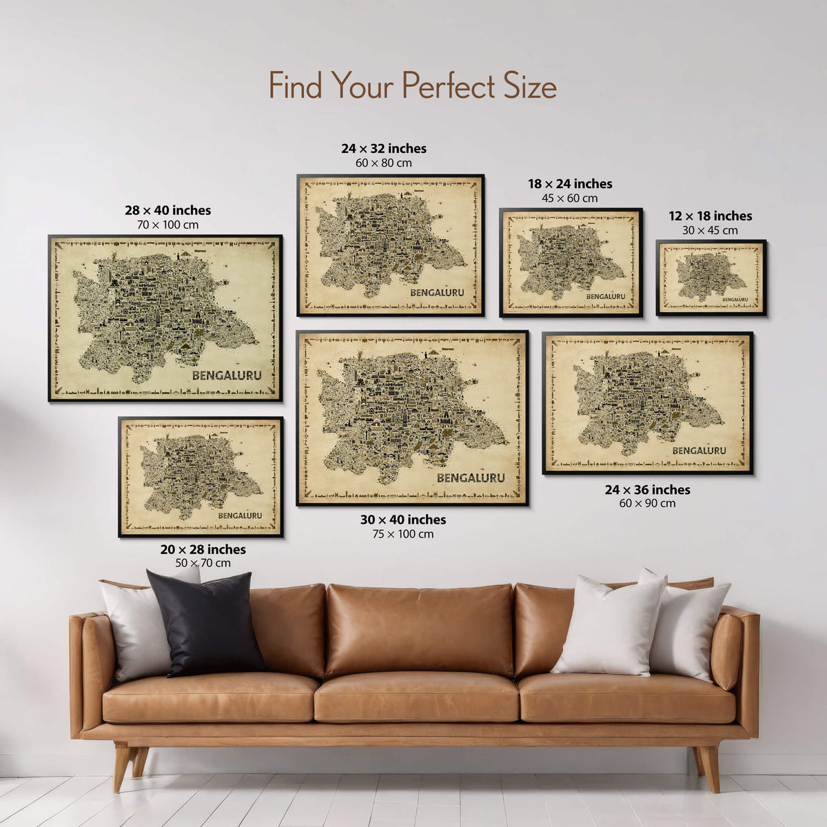 Bengaluru Antique map poster size guide showing seven framed print sizes from 12 x 18 to 30 x 40 inches above a leather sofa.