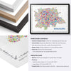 Colorful Bengaluru map poster with natural, black and white wood frame options plus close-up paper and framing specifications.