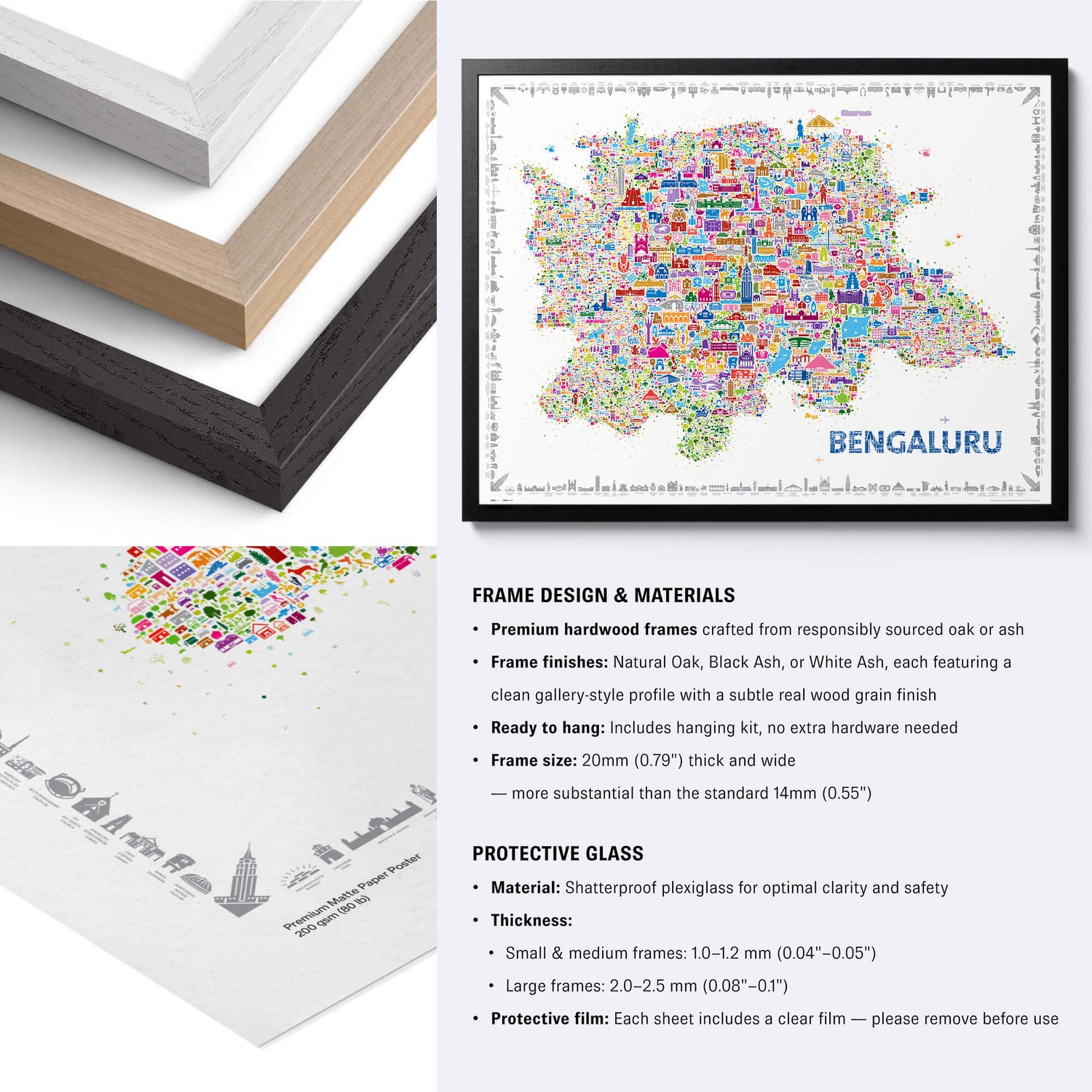 Colorful Bengaluru map poster with natural, black and white wood frame options plus close-up paper and framing specifications.