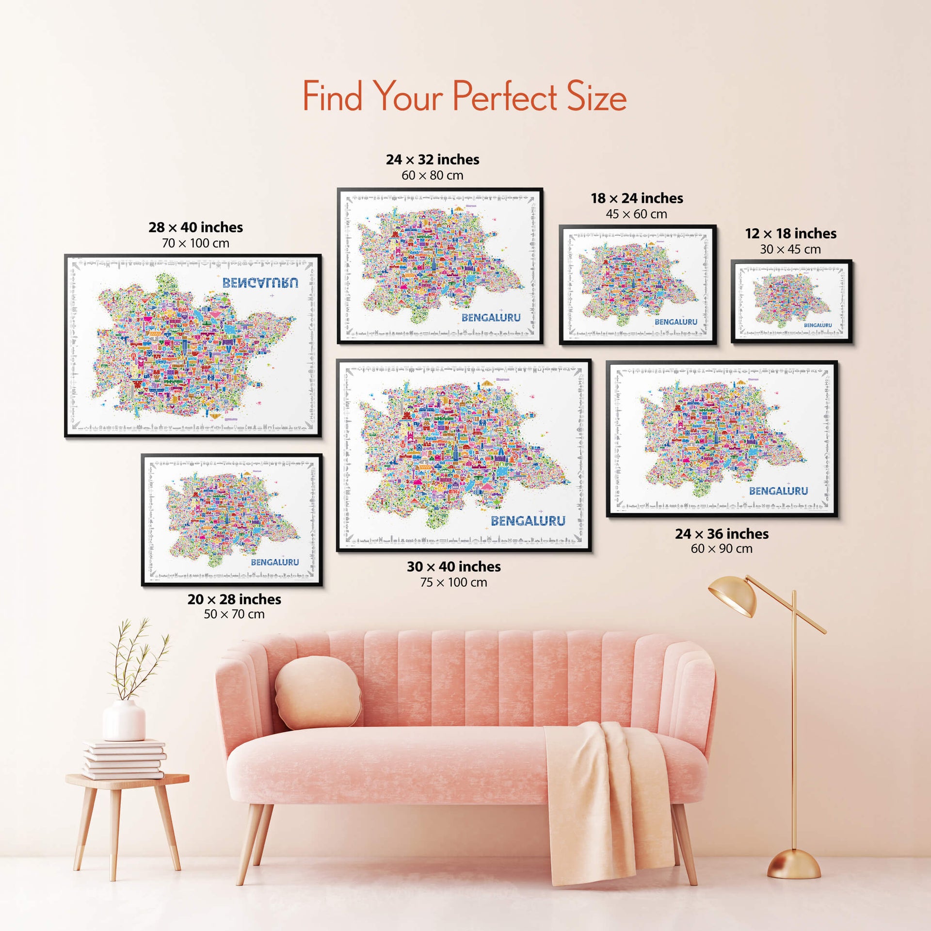 Colorful Bengaluru map poster size guide displaying seven framed artwork sizes above a blush pink sofa.