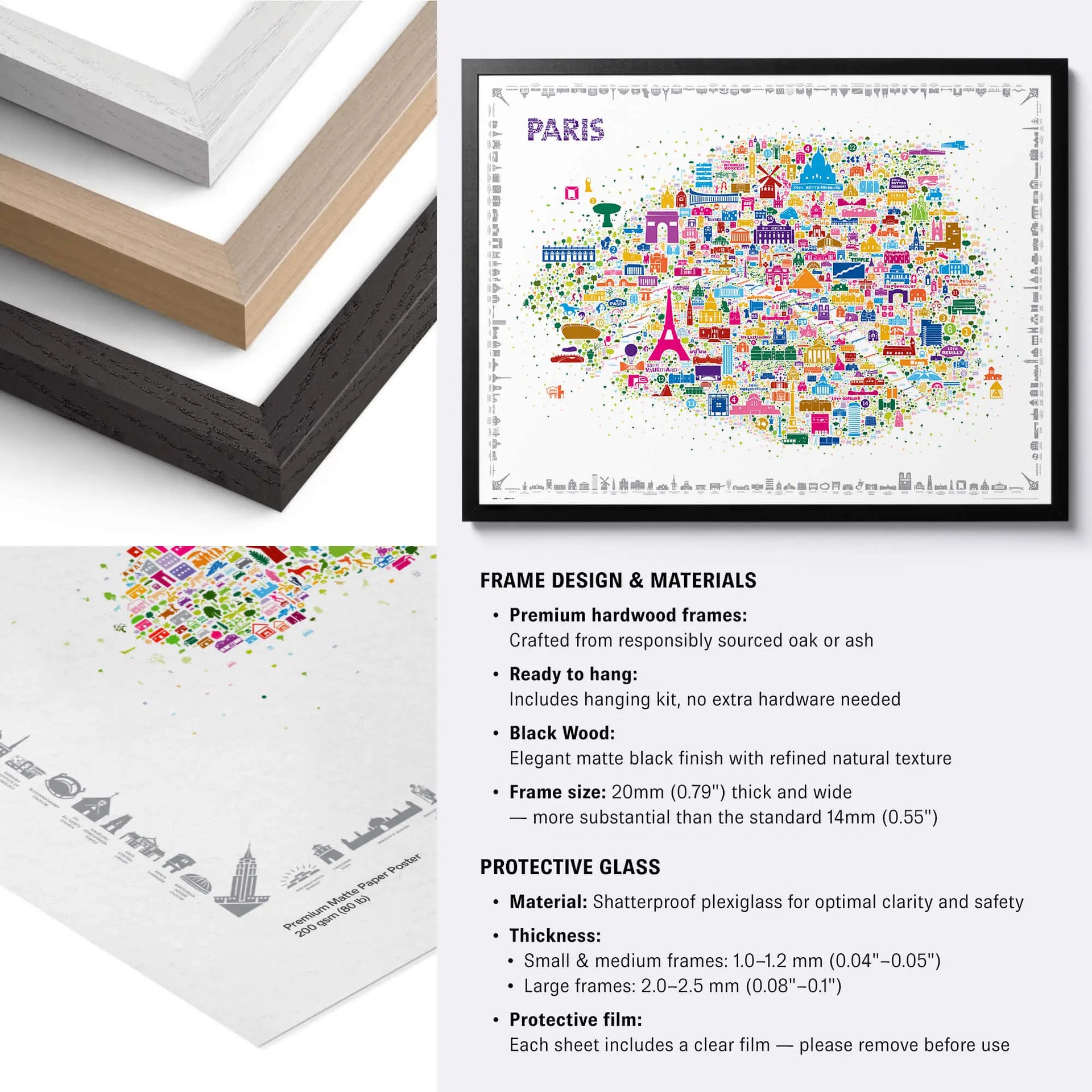Framed map of Paris with frame design and materials information on a white background