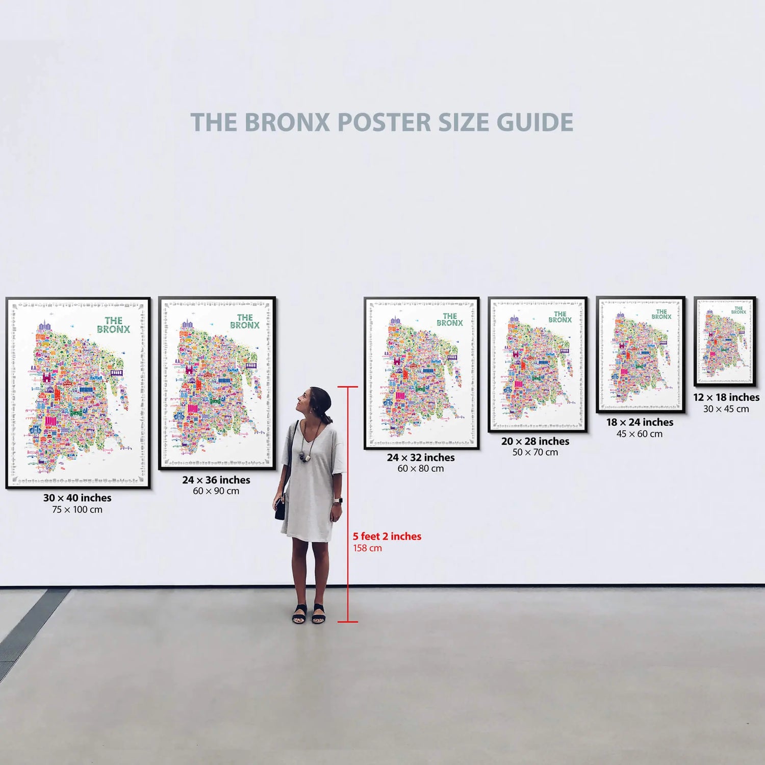 Woman standing in front of a wall displaying various sizes of 'The Bronx' poster with dimensions indicated.