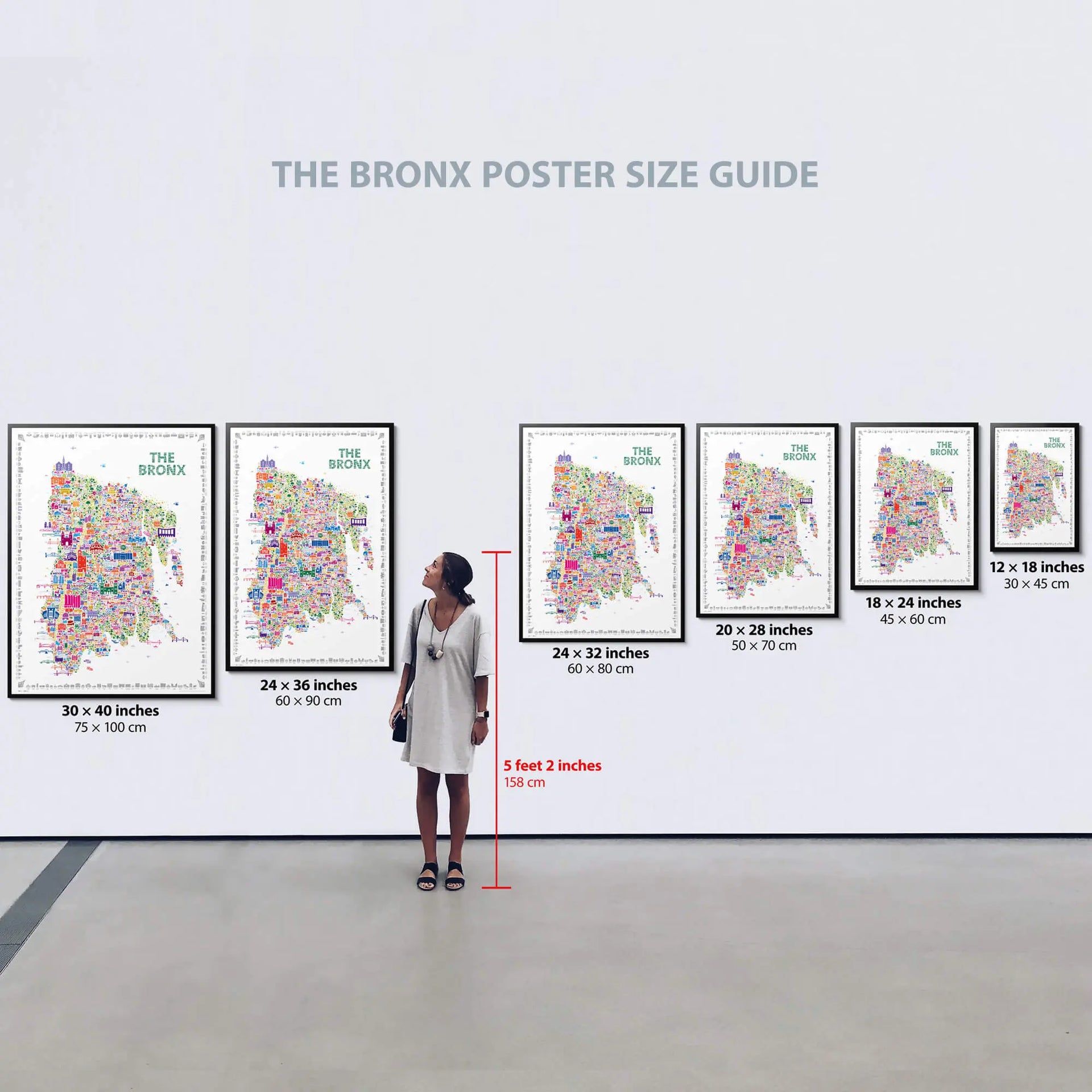 Woman standing in front of a wall displaying various sizes of 'The Bronx' poster with dimensions indicated.