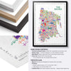Framed colorful map of The Bronx with frame design and materials information.