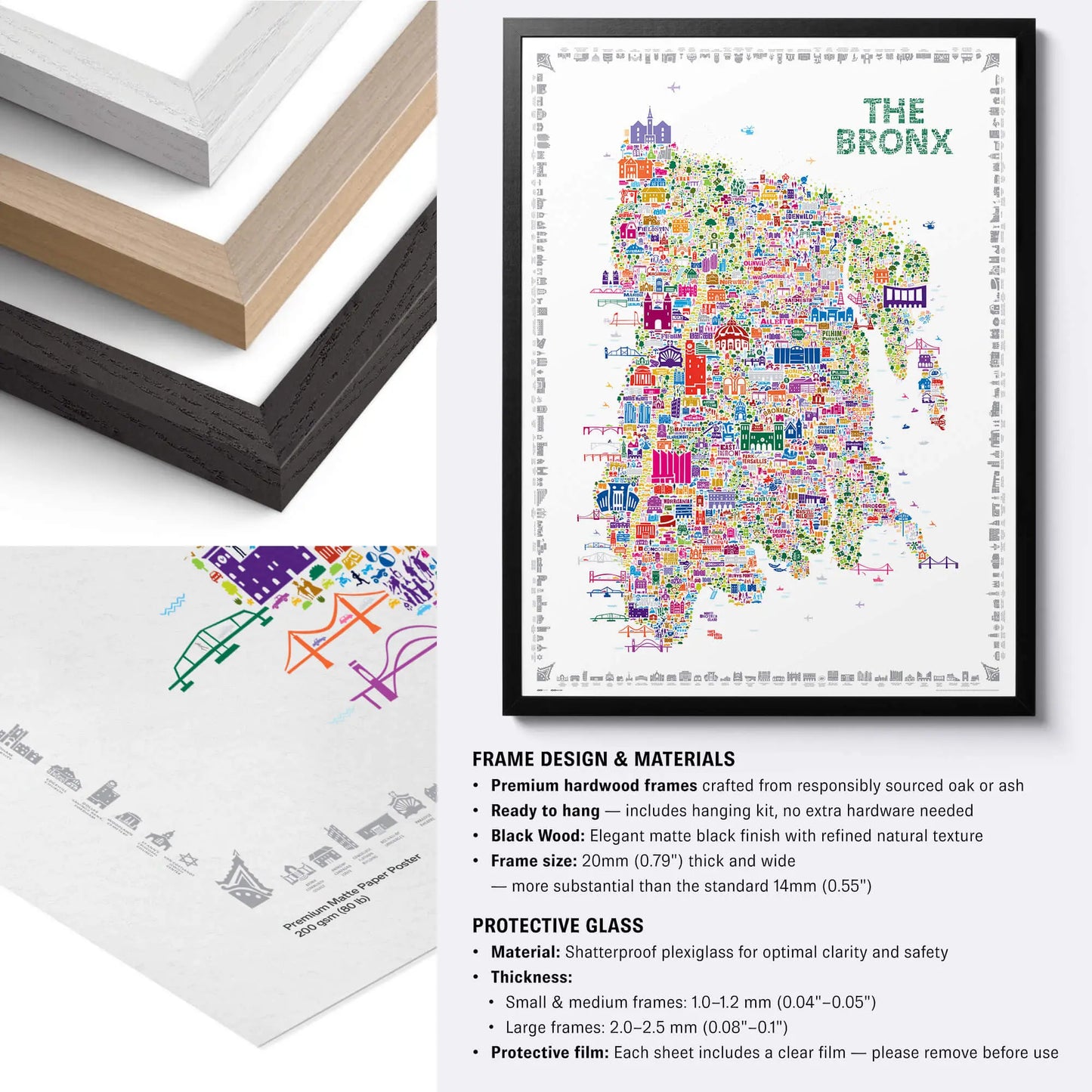 Framed colorful map of The Bronx with frame design and materials information.