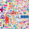 Colorful pattern of various icons and buildings on a white background