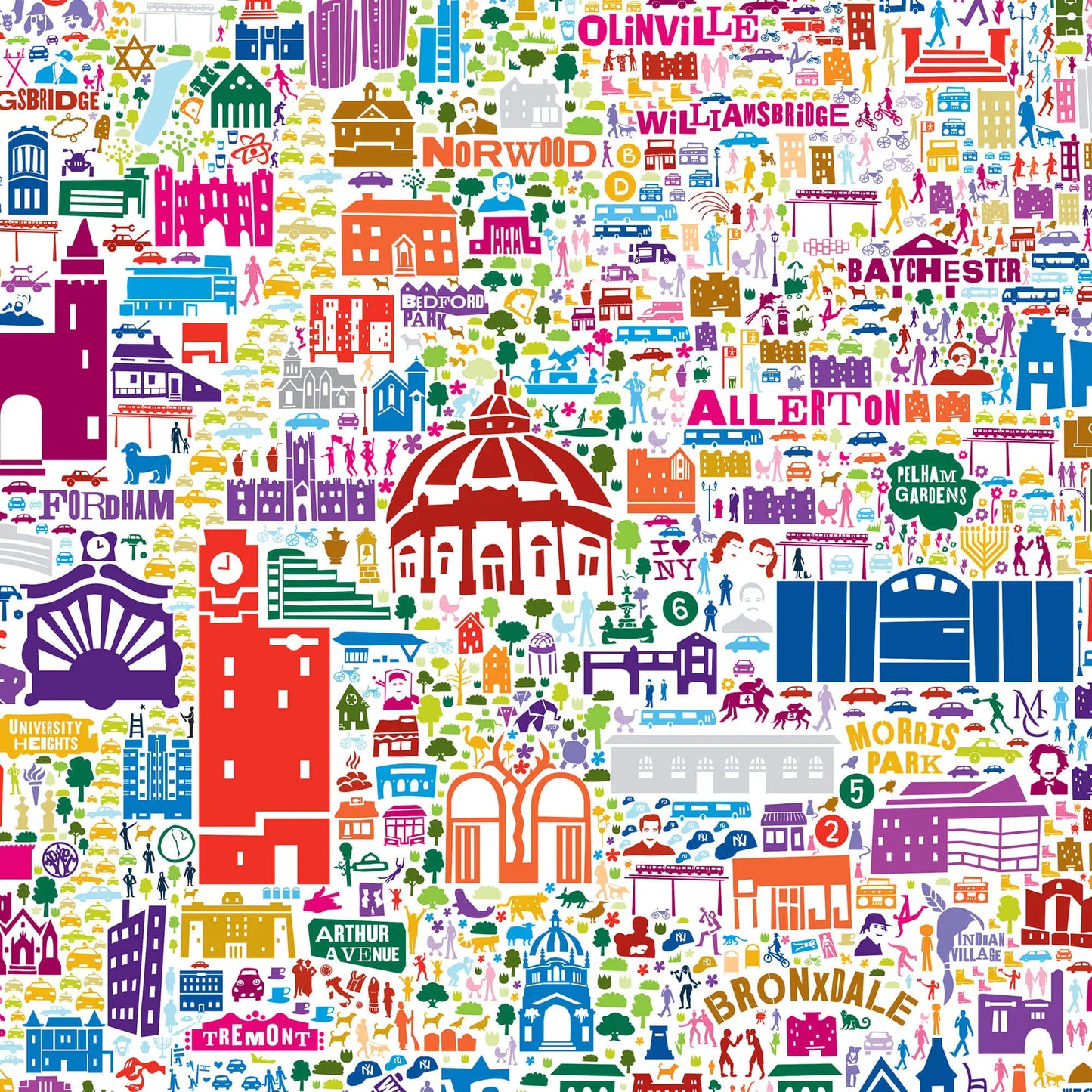 Colorful pattern of various icons and buildings on a white background