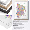 Framed colorful map of The Bronx with frame design and materials information.