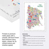 Colorful map of The Bronx on a white background with text about paper specifications.