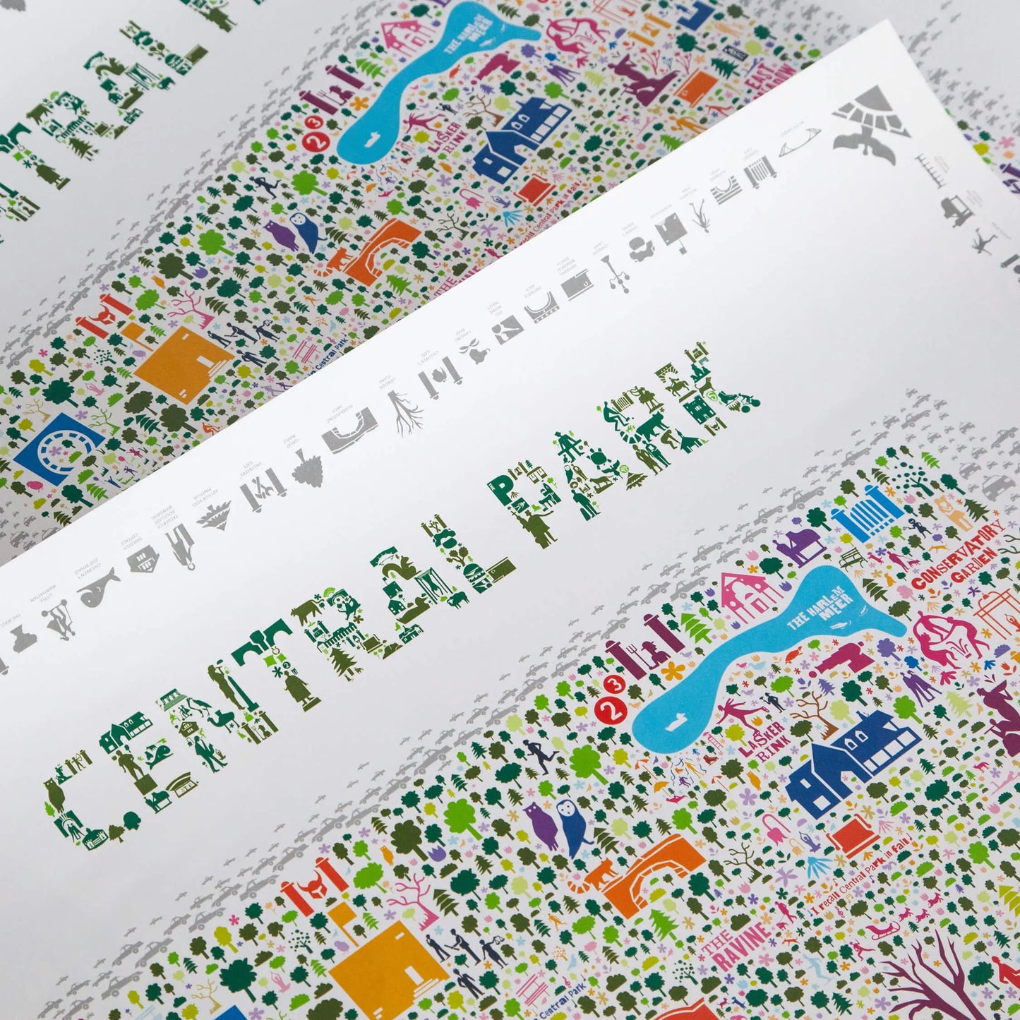 Close-up detail of Central Park illustrated map art print showing intricate typography and colorful landmarks on premium matte paper — fine art print by Alfalfa New York.