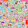 Colorful pattern of various icons and symbols on a white background