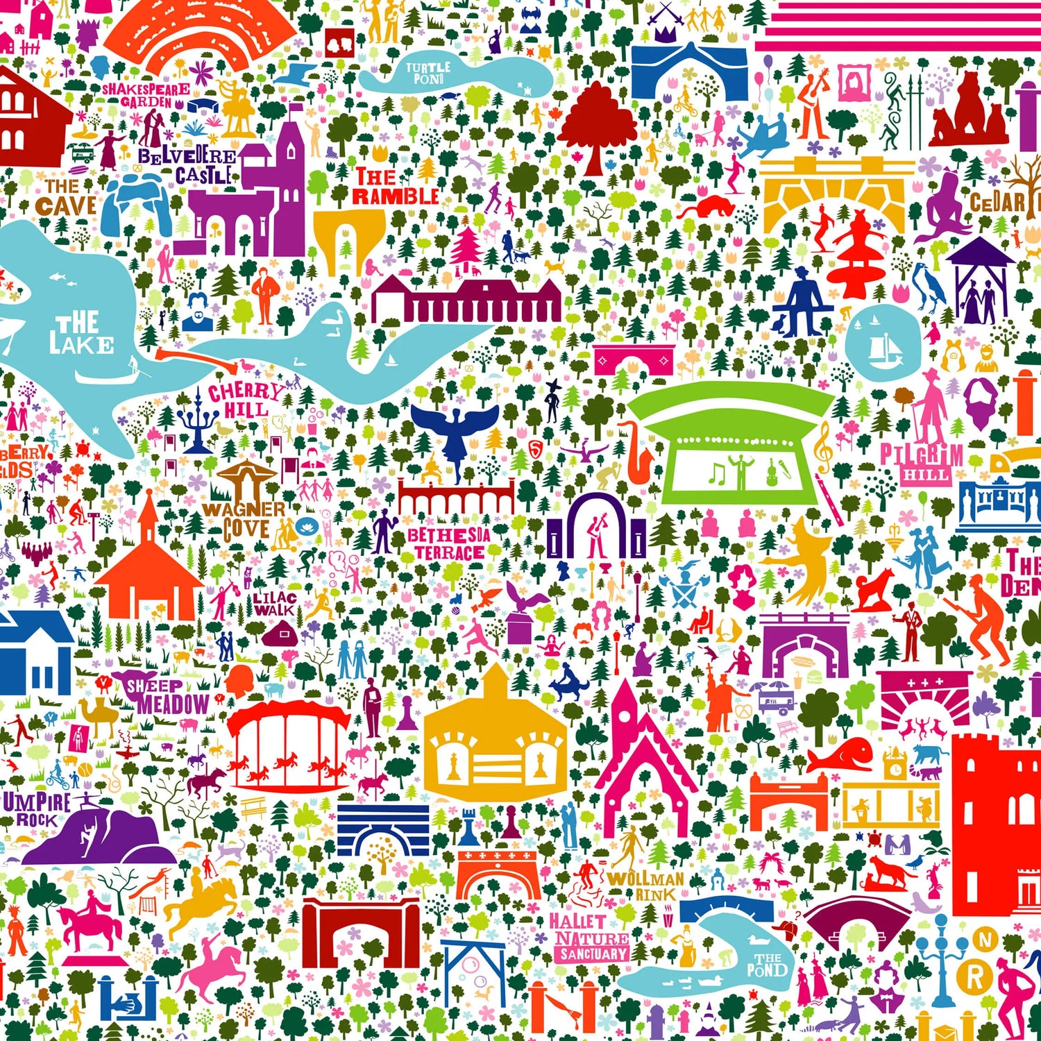 Colorful pattern of various icons and symbols on a white background