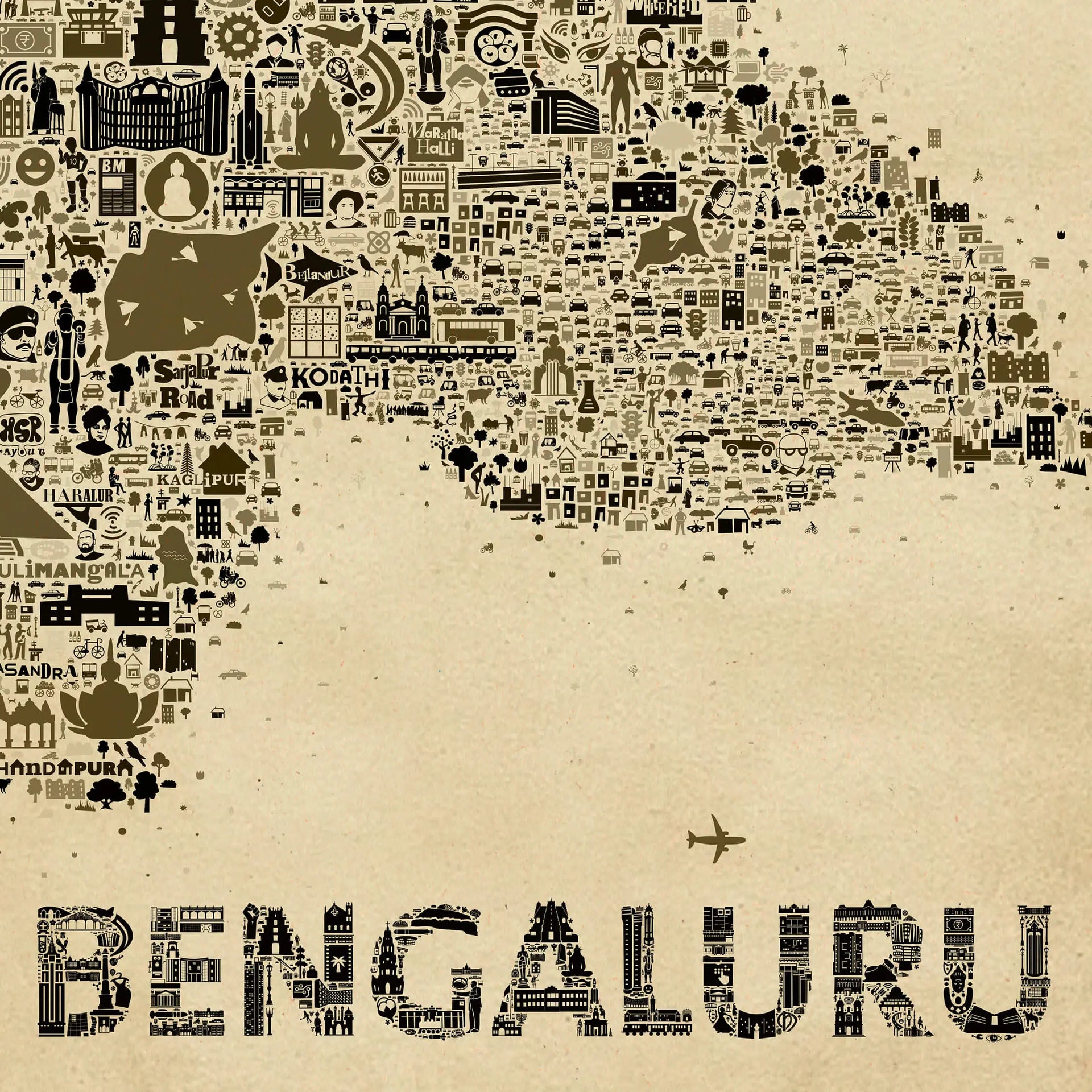 Close-up view of Bengaluru city map art print showcasing intricate hand-drawn landmarks and typography on a vintage beige background with an airplane illustration.