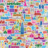 “Close-up view of the colorful illustrated Bengaluru city map featuring iconic landmarks, streets, and architecture in vibrant modern art style.