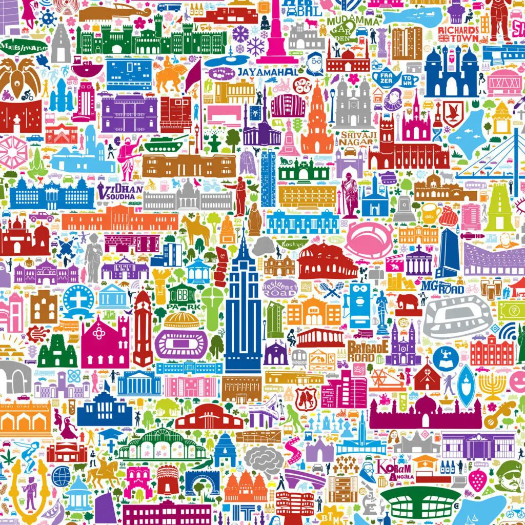 “Close-up view of the colorful illustrated Bengaluru city map featuring iconic landmarks, streets, and architecture in vibrant modern art style.