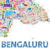 Vibrant lower section of the illustrated Bengaluru city map with colorful landmarks, streets, and typography forming the word ‘BENGALURU’ on a white background.