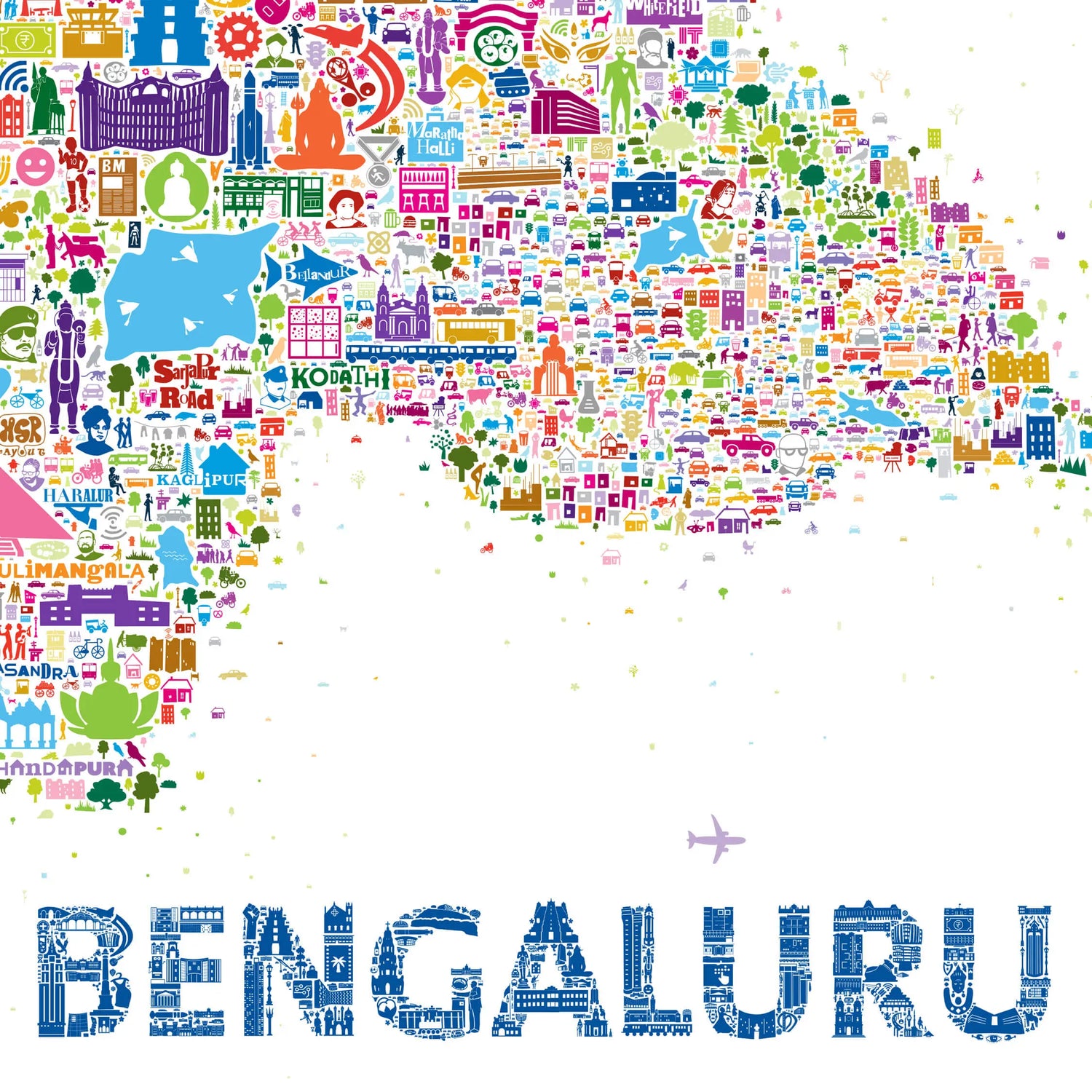 Vibrant lower section of the illustrated Bengaluru city map with colorful landmarks, streets, and typography forming the word ‘BENGALURU’ on a white background.